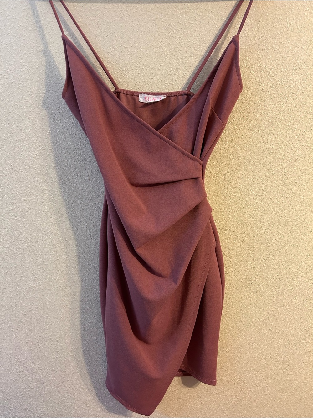 A’GACI Mauve Pink Ruched Faux Wrap Mini Bodycon Dress Small, Adjustable Straps